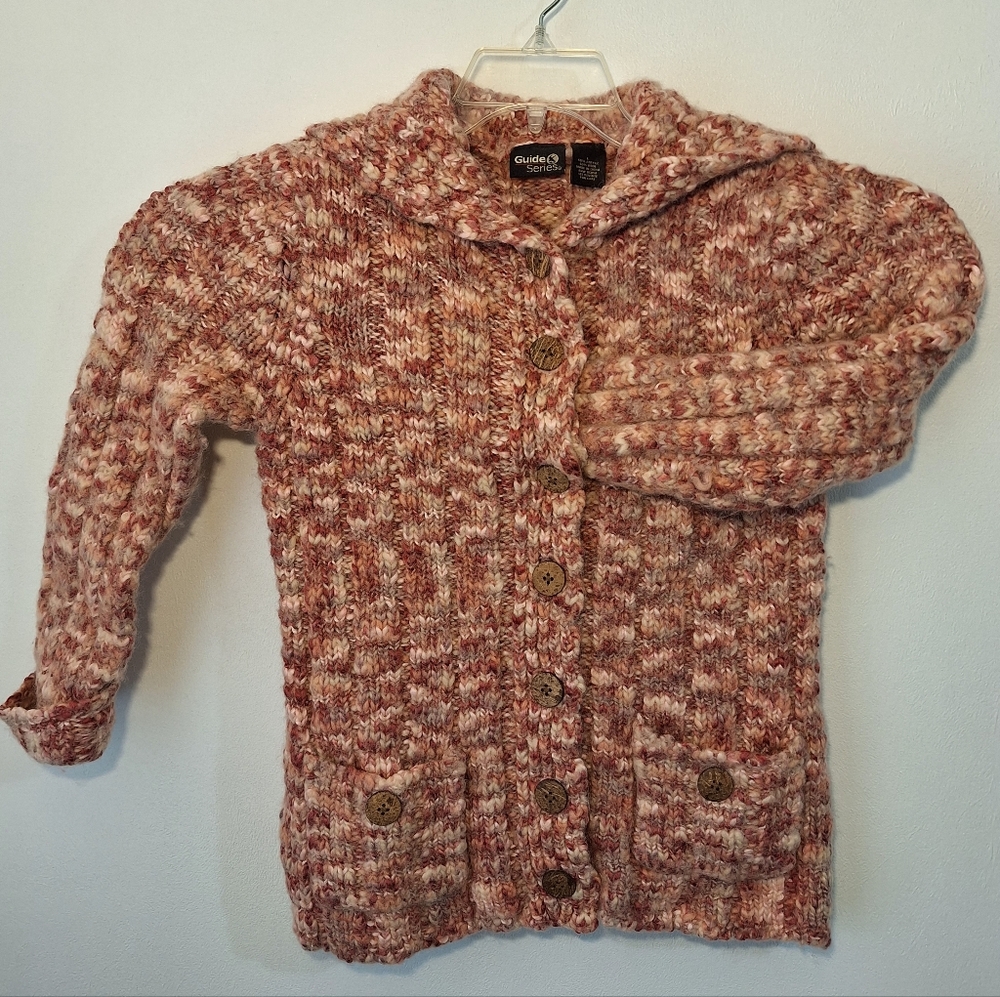 Women's Wool Blend Heavy Cardigan Sweater Wood Look Buttons Sz Large Cozy Warmth